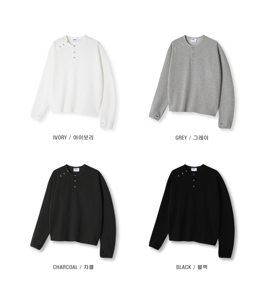 [LOGAN] Finger Hole Henley Neck Waffle Long Sleeve T-Shirt 9