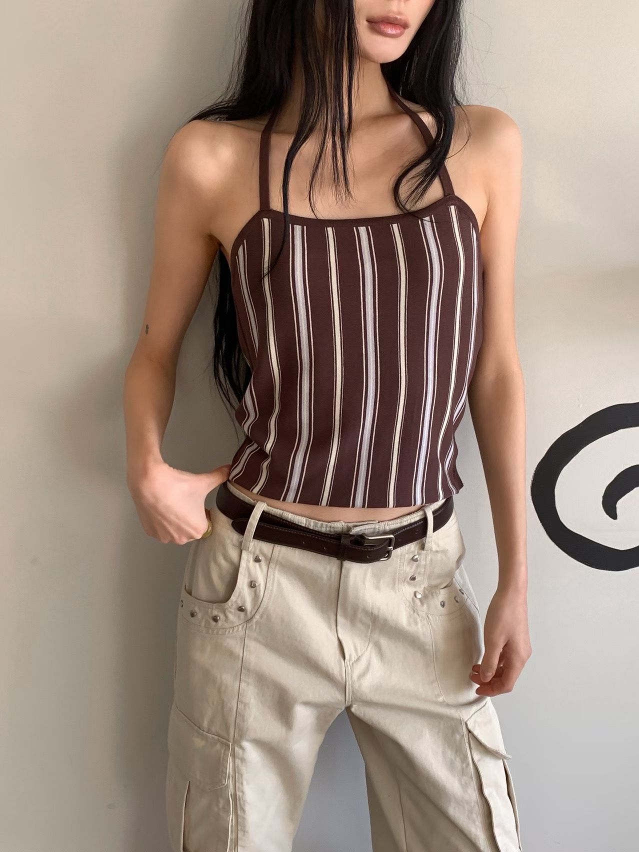 [FOUNDATION] Mellow Striped Collared Cardigan Sleeveless Top Set 8
