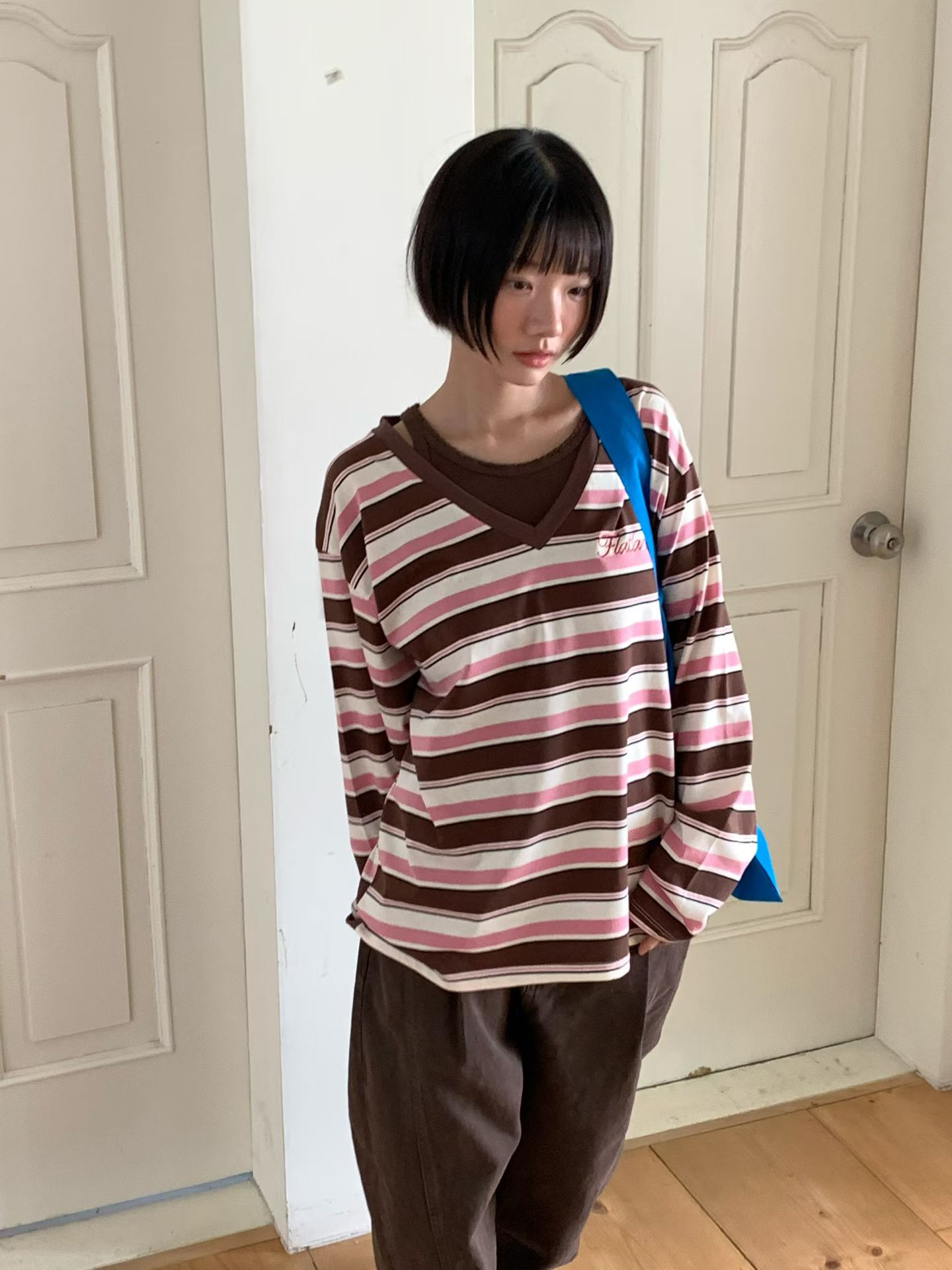 [VENTI] V-Neck Striped Long Sleeve T-Shirt 9