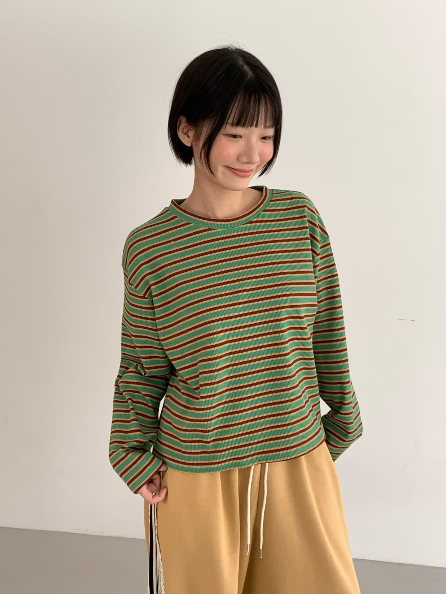 [VENTI] Waffle Striped Long Sleeve T-Shirt 2