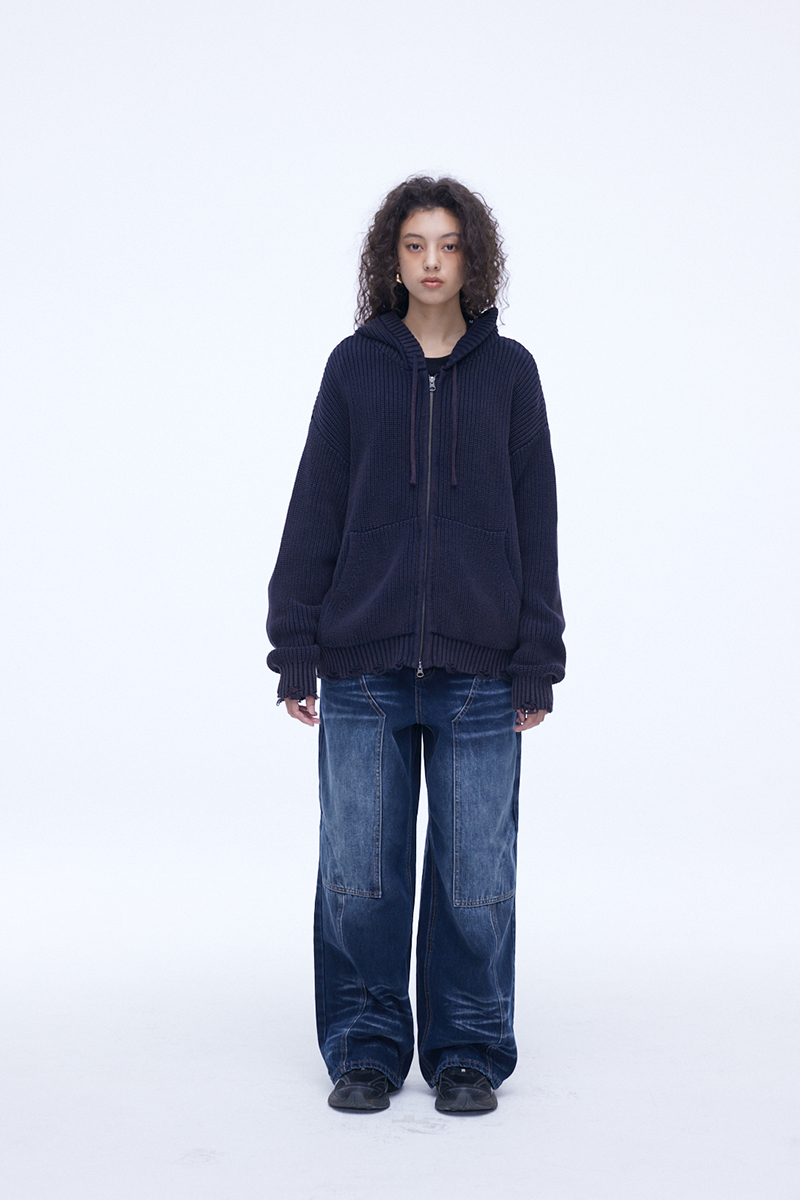 [SSERPE] DESTROYED COTTON   KNIT HOODIE ZIP UP 7