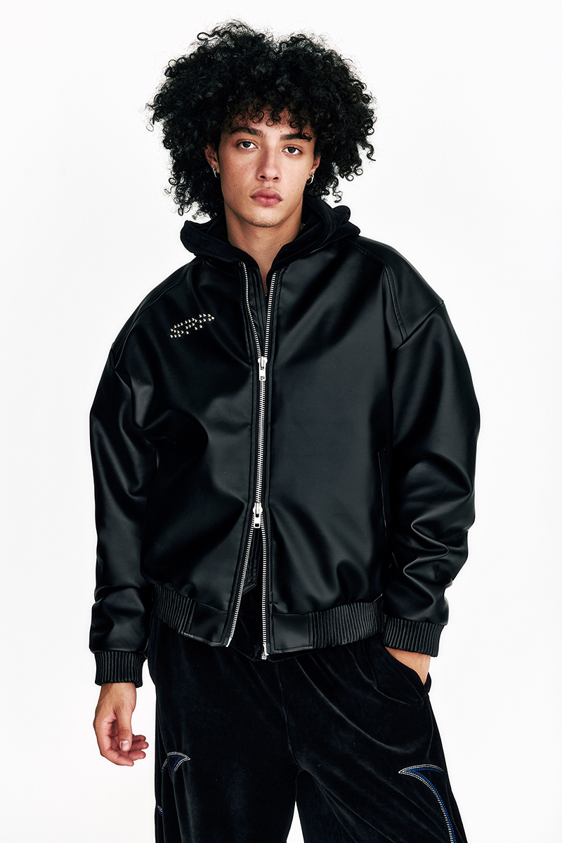 [SSERPE] FLAME STARS STUD BOMBER VEGAN LEATHER JACKET 5