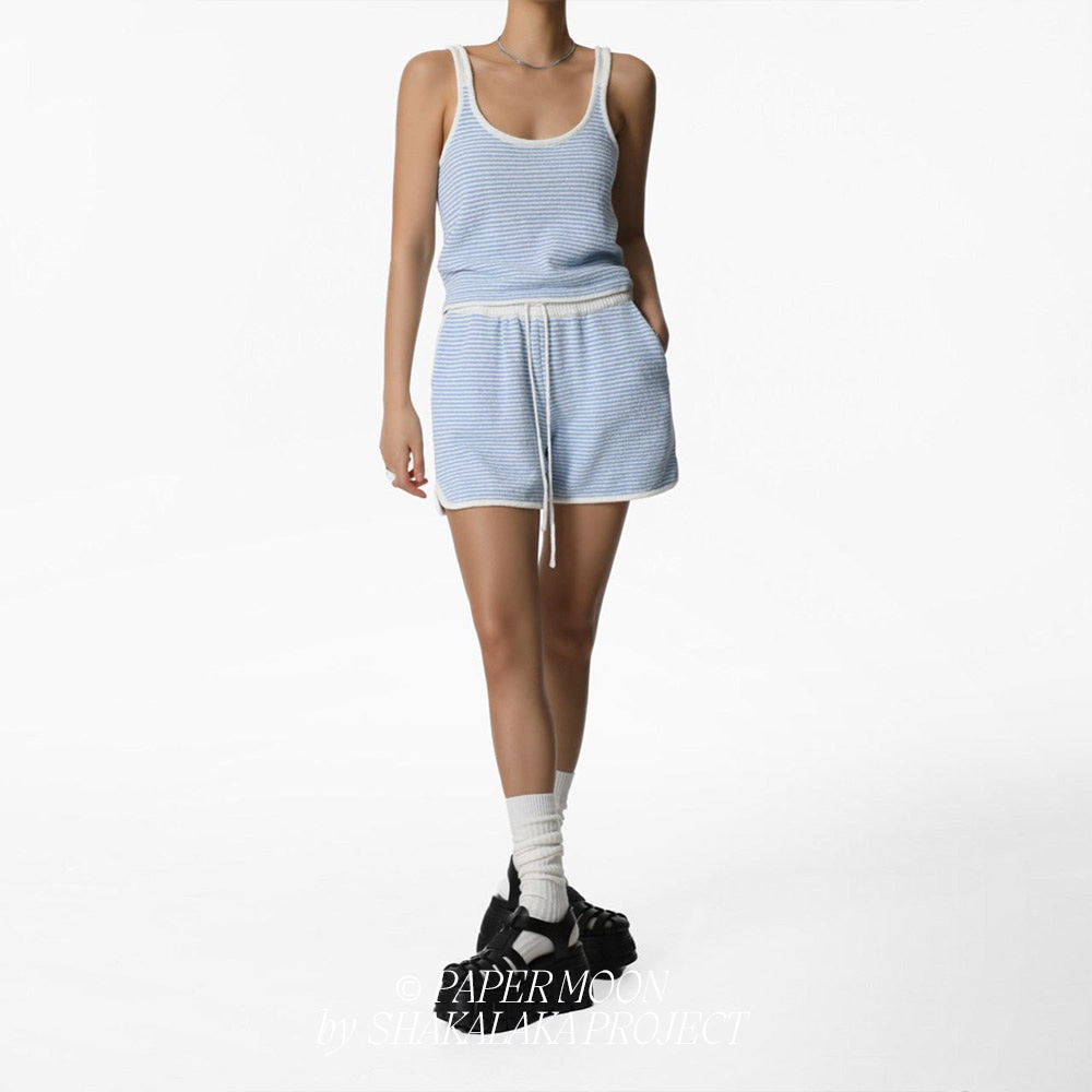 [PAPER MOON] Stripe Set Knit Dolphin Shorts Blue 3
