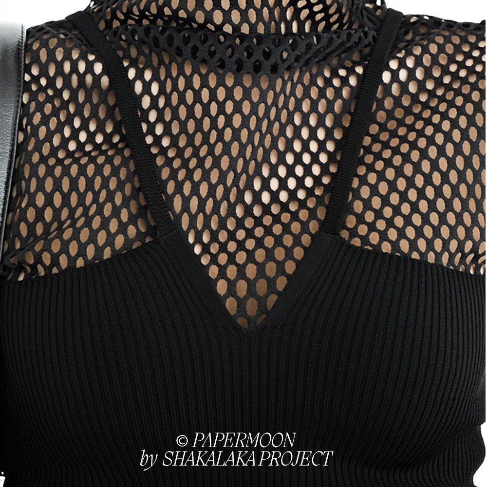 V-Line Strap Ribbed Knit Tank Top Black 2
