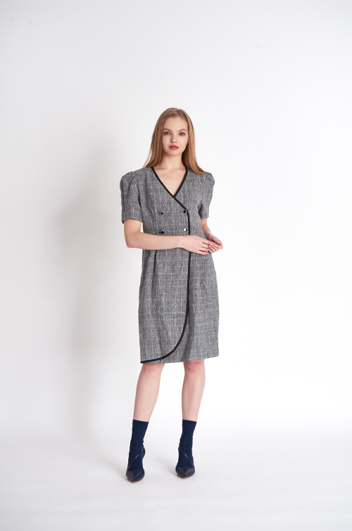 [FREAKS BY KIMTAEHOON] Glen Check Linen Asymmetrical Wrap Dress 3