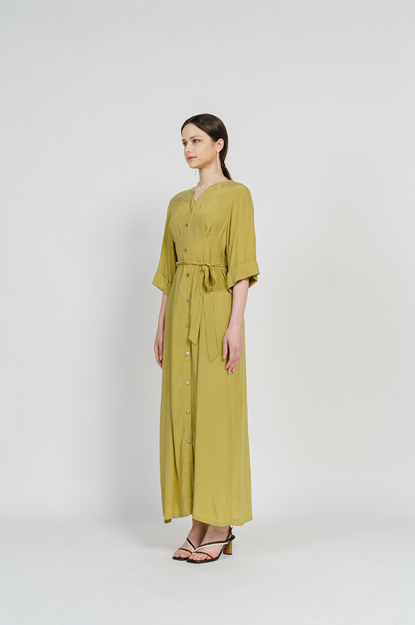 [FREAKS BY KIMTAEHOON] Cupro Maxi Robe Highwaist Shirt-Dress_Olivenaite Yellow Green 3