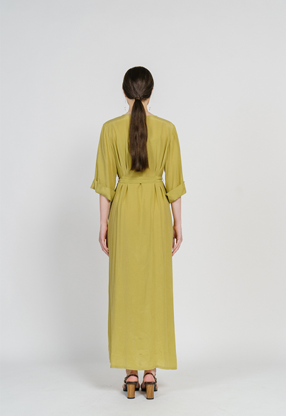 [FREAKS BY KIMTAEHOON] Cupro Maxi Robe Highwaist Shirt-Dress_Olivenaite Yellow Green 4