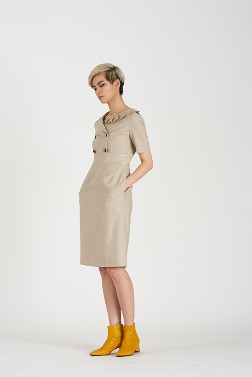 [FREAKS BY KIMTAEHOON] Asymmetrical Structural Neckline 100% Summer Wool Summer Suit Dress_Sand Beige 5
