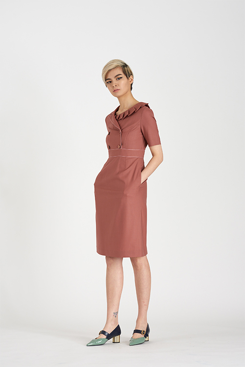 [FREAKS BY KIMTAEHOON] Asymmetrical Structural Neckline 100% Summer Wool Summer Suit Dress_Nostalgia Rose 4