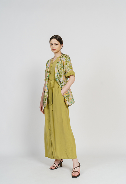 [FREAKS BY KIMTAEHOON] Cupro Maxi Robe Highwaist Shirt-Dress_Olivenaite Yellow Green 6
