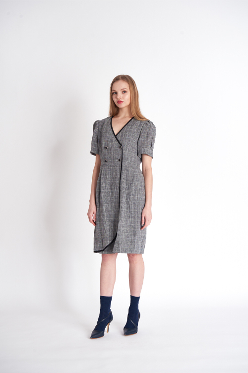 [FREAKS BY KIMTAEHOON] Glen Check Linen Asymmetrical Wrap Dress 5