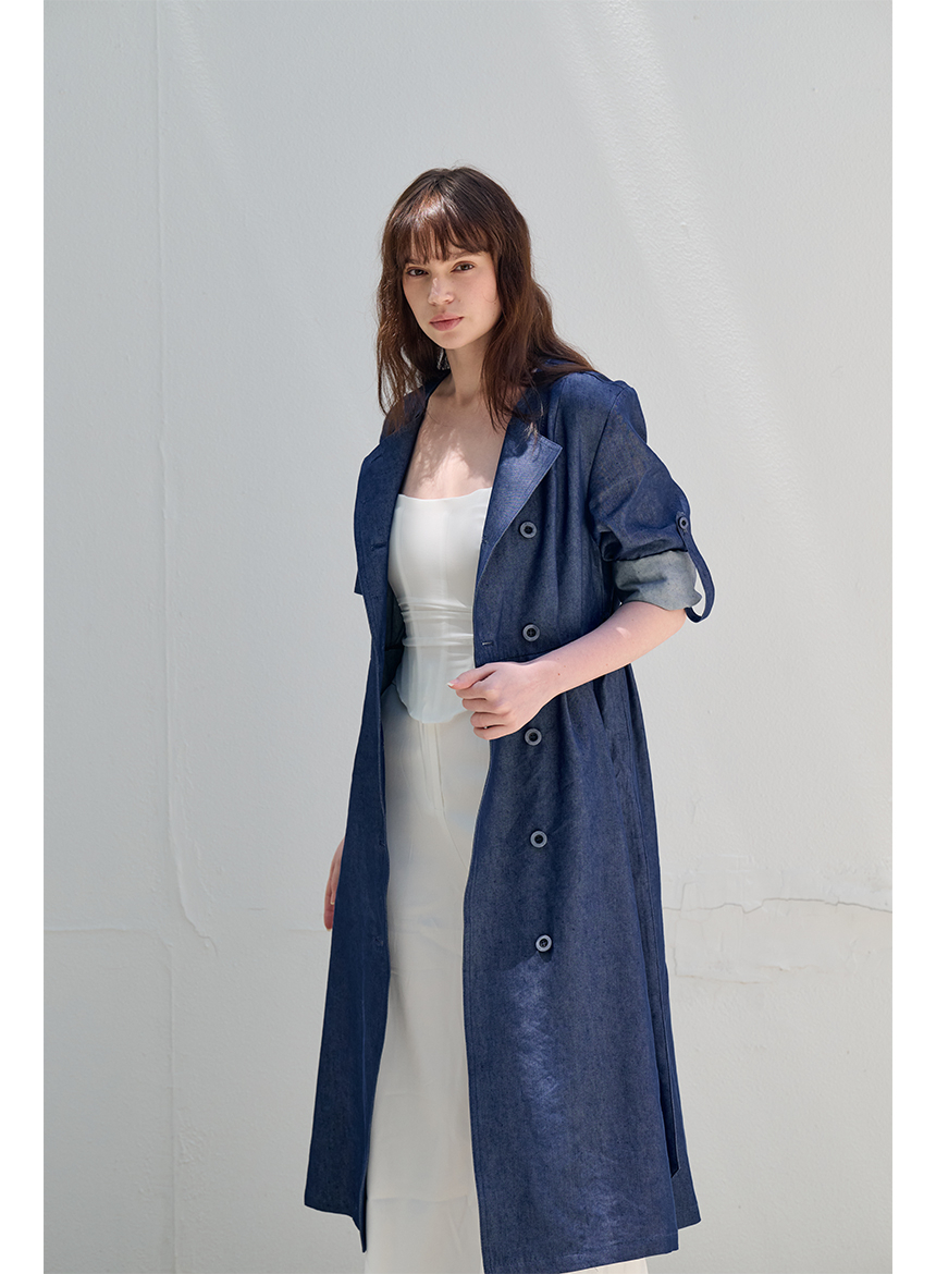 [FREAKS BY KIMTAEHOON] Hot Summer Linen Blending Recycled Denim High-Waisted Trench Dress_Blue Denim 5