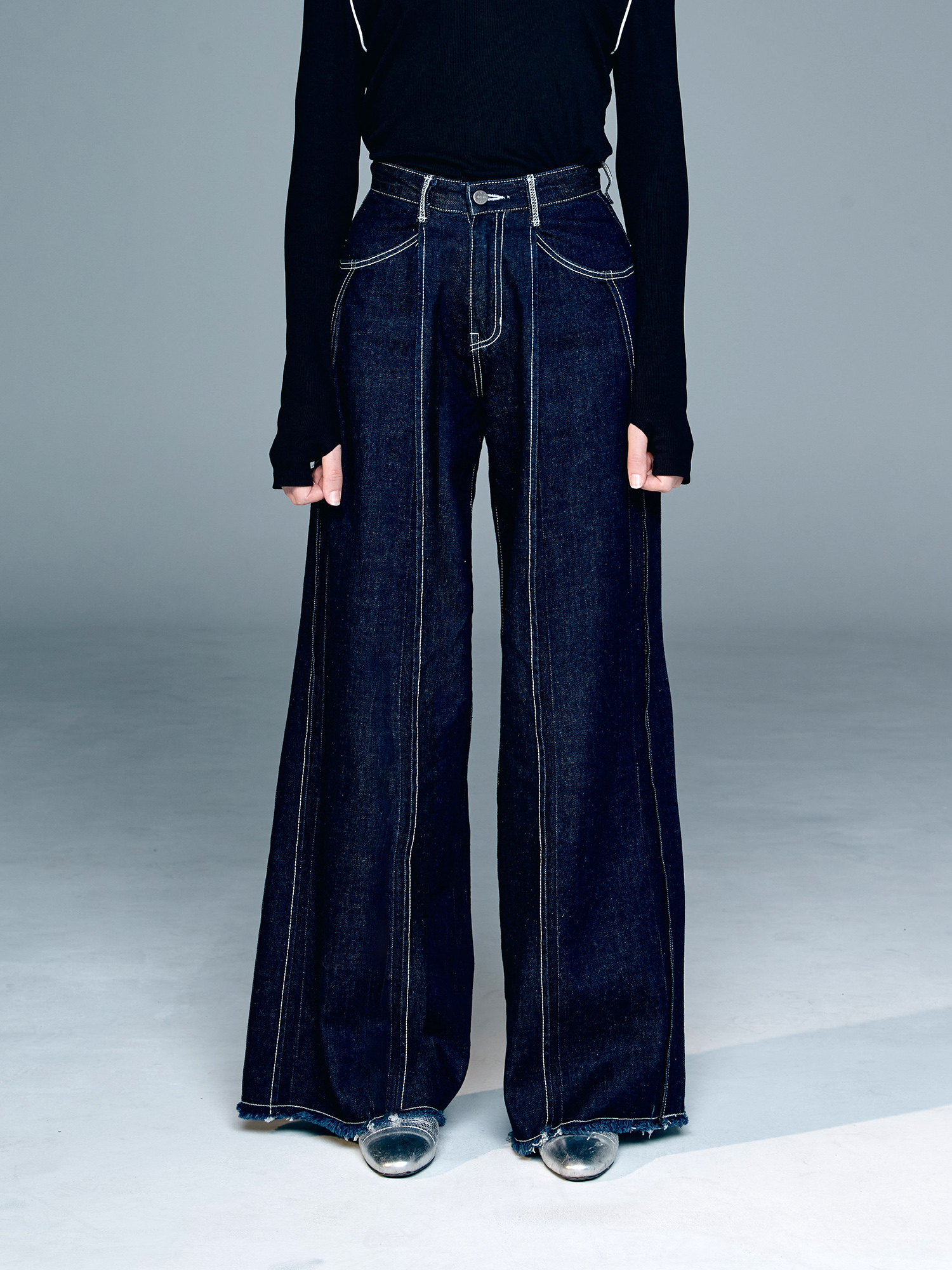 OVERLOCK PLEATS WIDE DENIM-NAVY 3