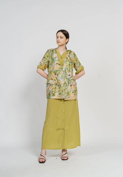 [FREAKS BY KIMTAEHOON] Cupro Maxi Robe Highwaist Shirt-Dress_Olivenaite Yellow Green 5