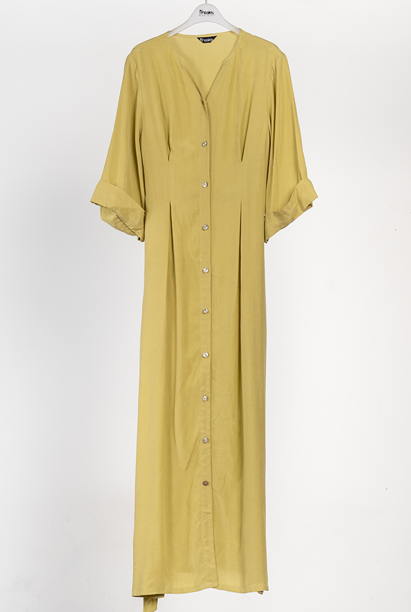 [FREAKS BY KIMTAEHOON] Cupro Maxi Robe Highwaist Shirt-Dress_Olivenaite Yellow Green 7