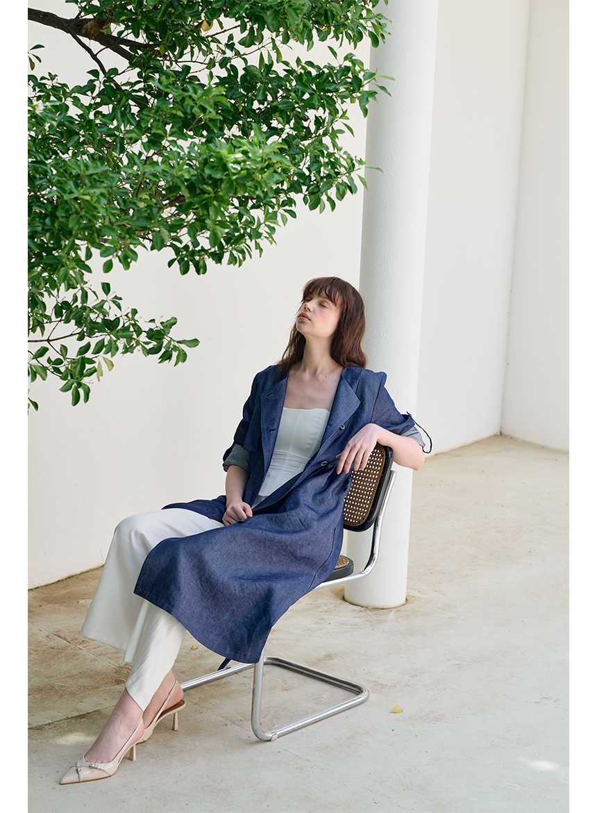 [FREAKS BY KIMTAEHOON] Hot Summer Linen Blending Recycled Denim High-Waisted Trench Dress_Blue Denim 8