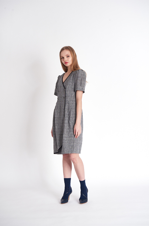 [FREAKS BY KIMTAEHOON] Glen Check Linen Asymmetrical Wrap Dress 4