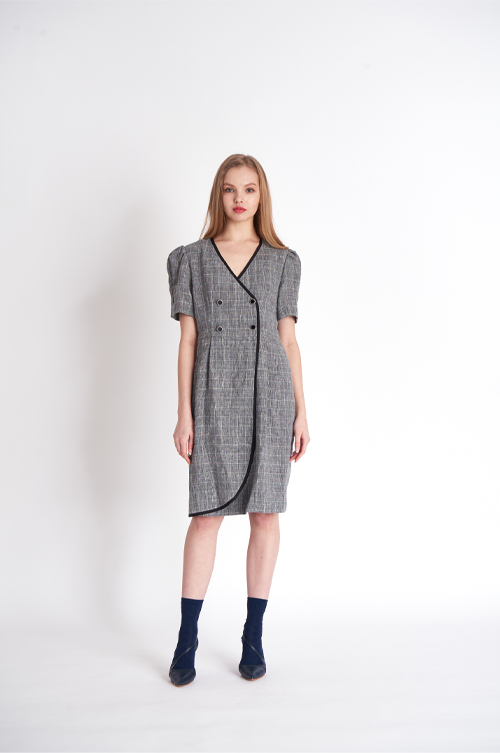[FREAKS BY KIMTAEHOON] Glen Check Linen Asymmetrical Wrap Dress 2