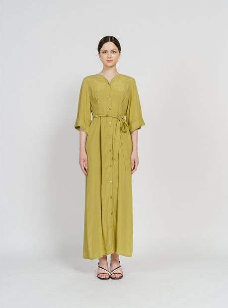 [FREAKS BY KIMTAEHOON] Cupro Maxi Robe Highwaist Shirt-Dress_Olivenaite Yellow Green 2