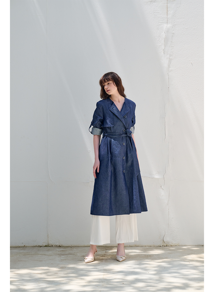 [FREAKS BY KIMTAEHOON] Hot Summer Linen Blending Recycled Denim High-Waisted Trench Dress_Blue Denim 4