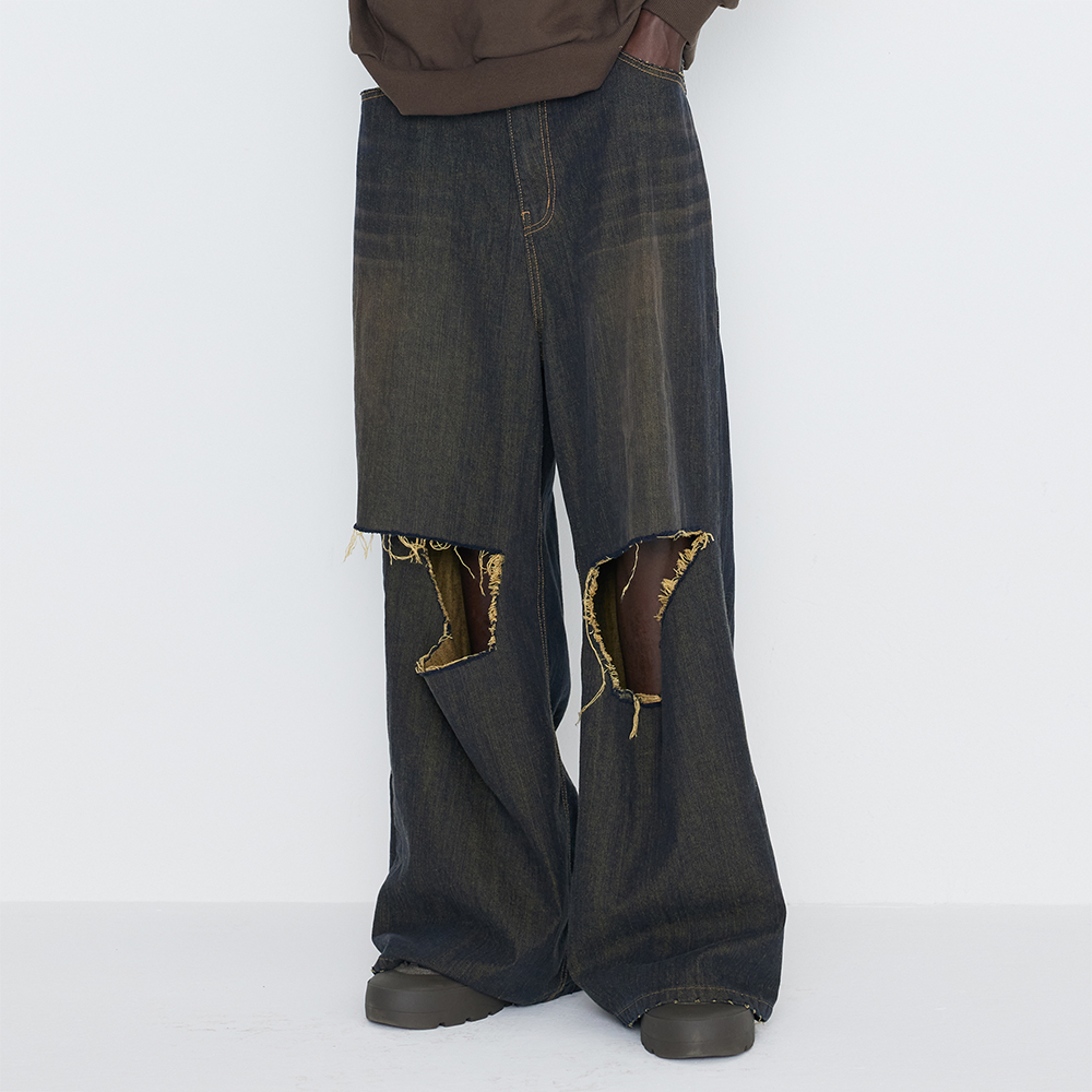 [SSERPE] DESTROYED KNEE WIDE DENIM PANTS 6