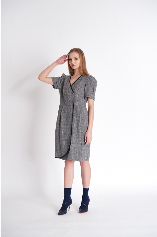 [FREAKS BY KIMTAEHOON] Glen Check Linen Asymmetrical Wrap Dress 6