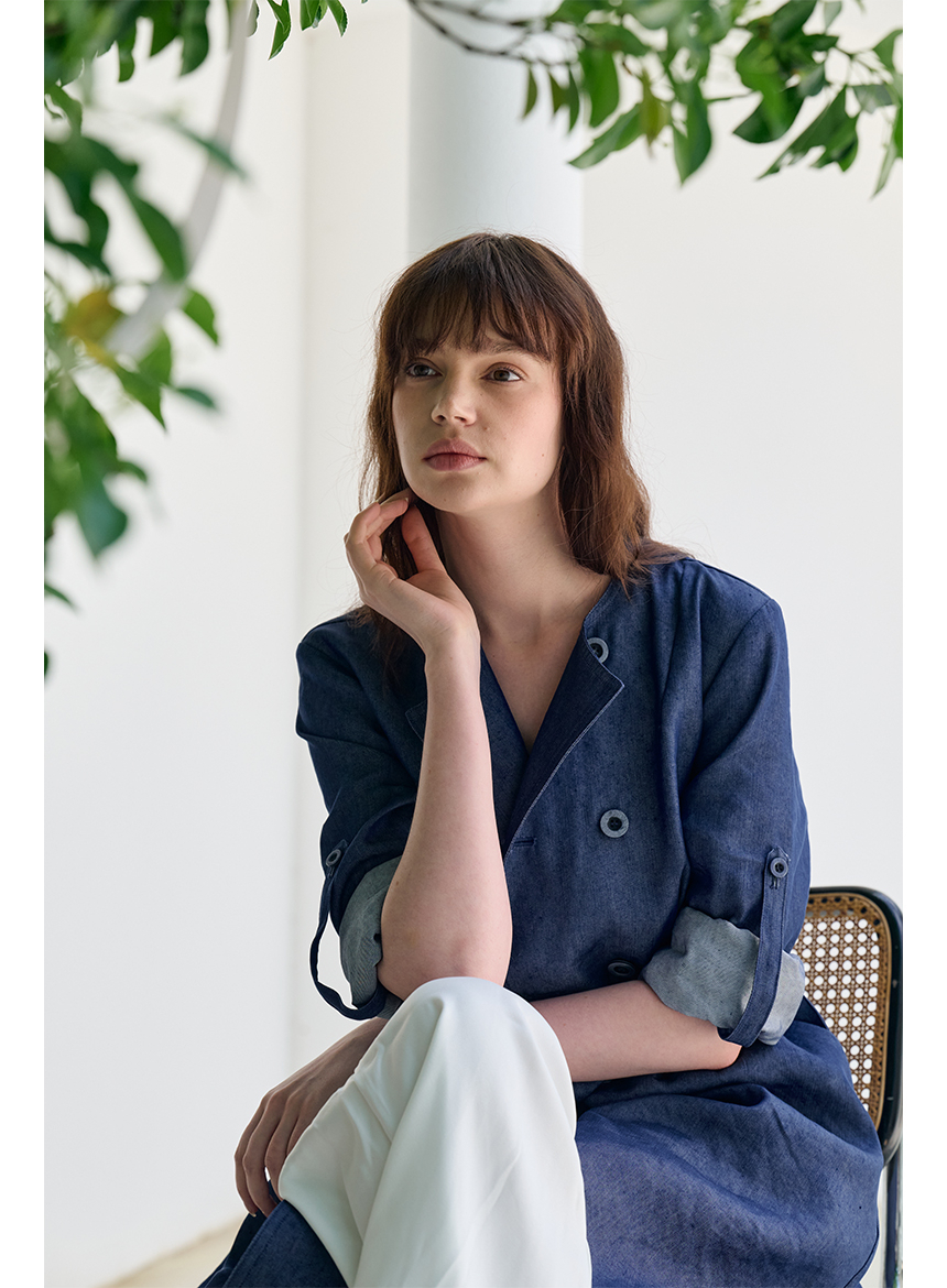 [FREAKS BY KIMTAEHOON] Hot Summer Linen Blending Recycled Denim High-Waisted Trench Dress_Blue Denim 9