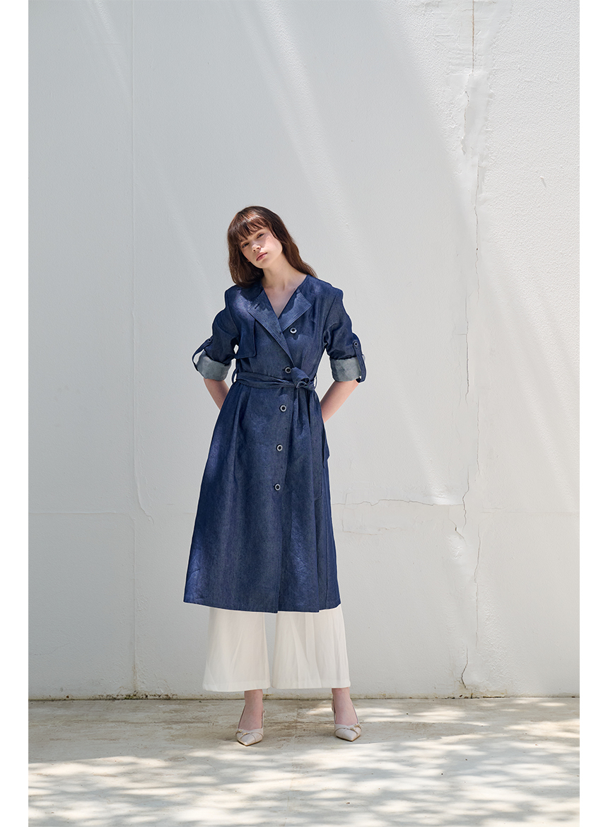 [FREAKS BY KIMTAEHOON] Hot Summer Linen Blending Recycled Denim High-Waisted Trench Dress_Blue Denim 2