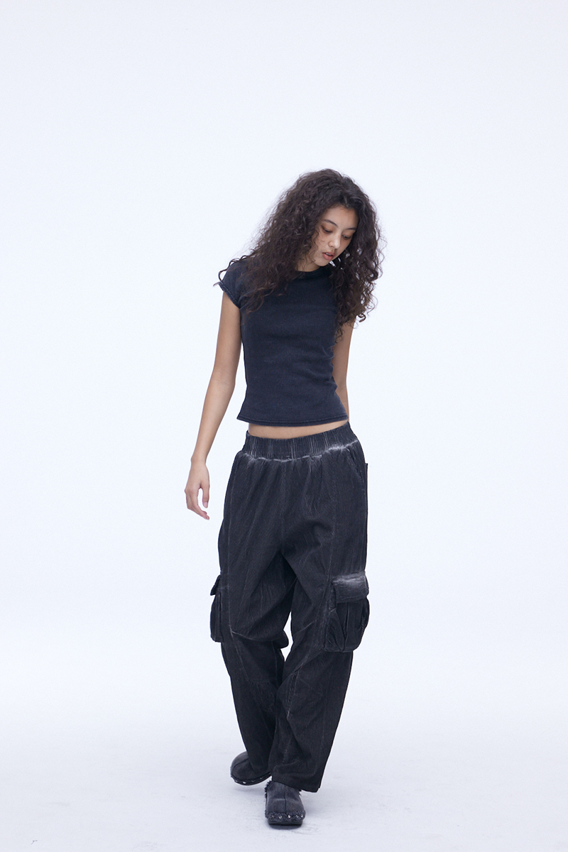 [SSERPE] DYEING CORDUROY CARGO   BANDING PANTS DIRTY BLACK 4