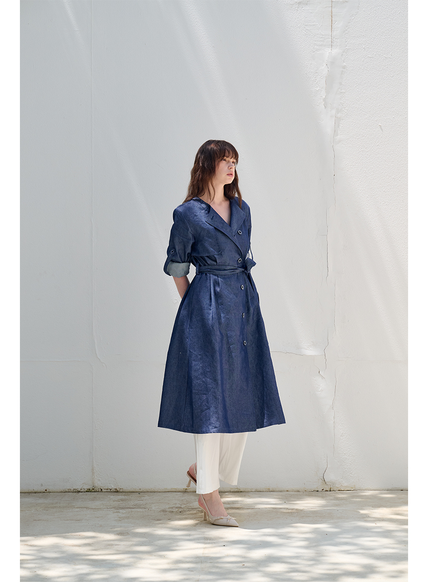 [FREAKS BY KIMTAEHOON] Hot Summer Linen Blending Recycled Denim High-Waisted Trench Dress_Blue Denim 3