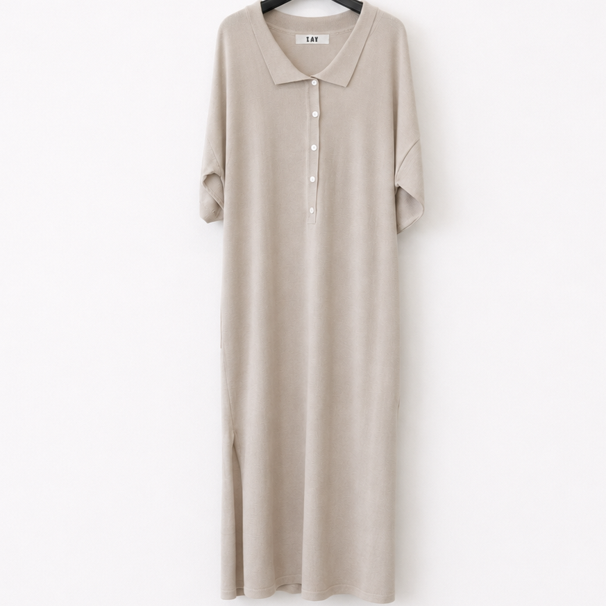 Knit Polo Midi Dress-BEIGE 2