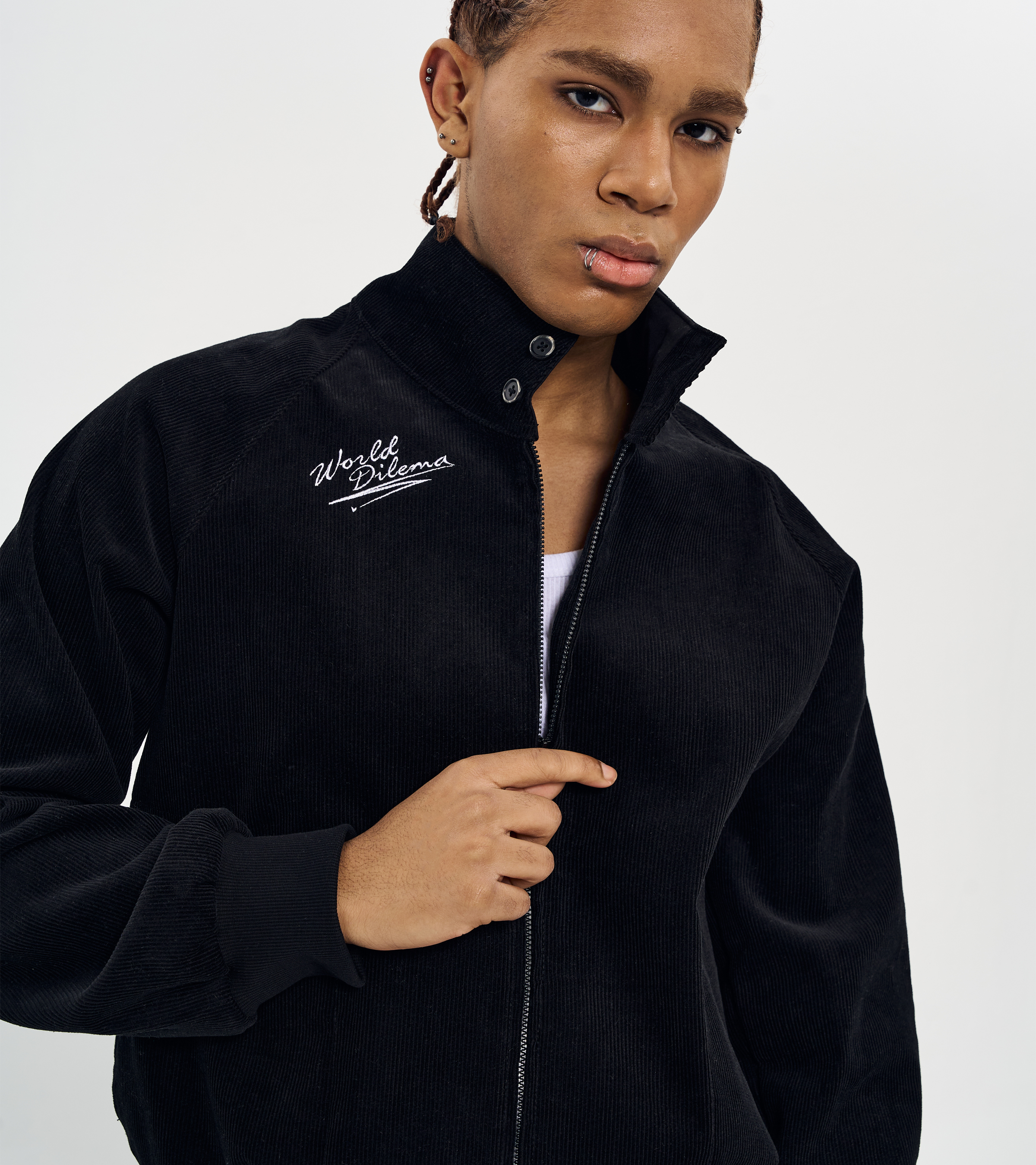 World Dilema' SIGN EMBROIDERY STAND COLLAR ZIP-UP JUMPER-BLACK 3
