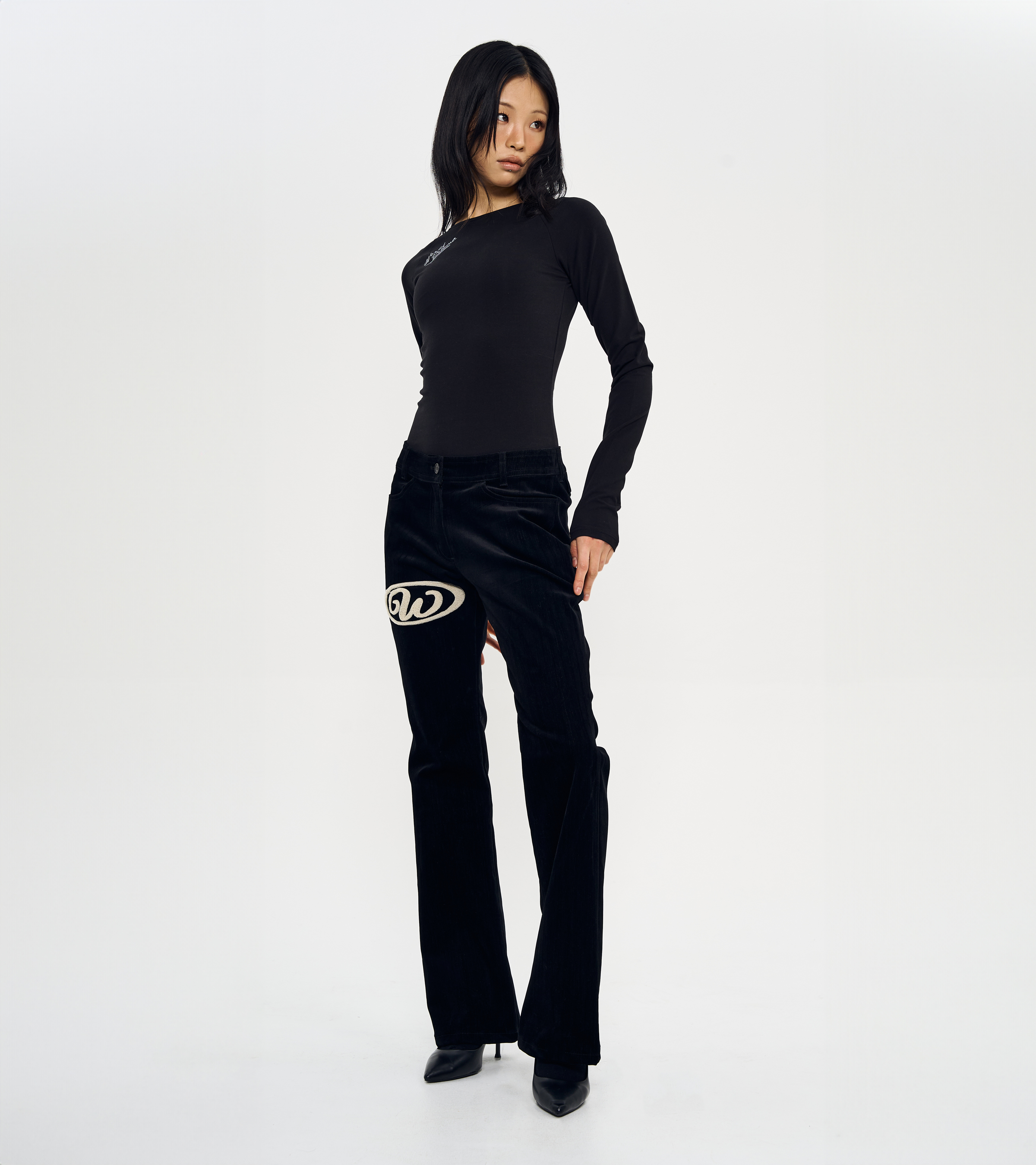 BOUCLE EMBROIDERY BOOTS-CUT PANTS-BLACK VELVET DENIM 6