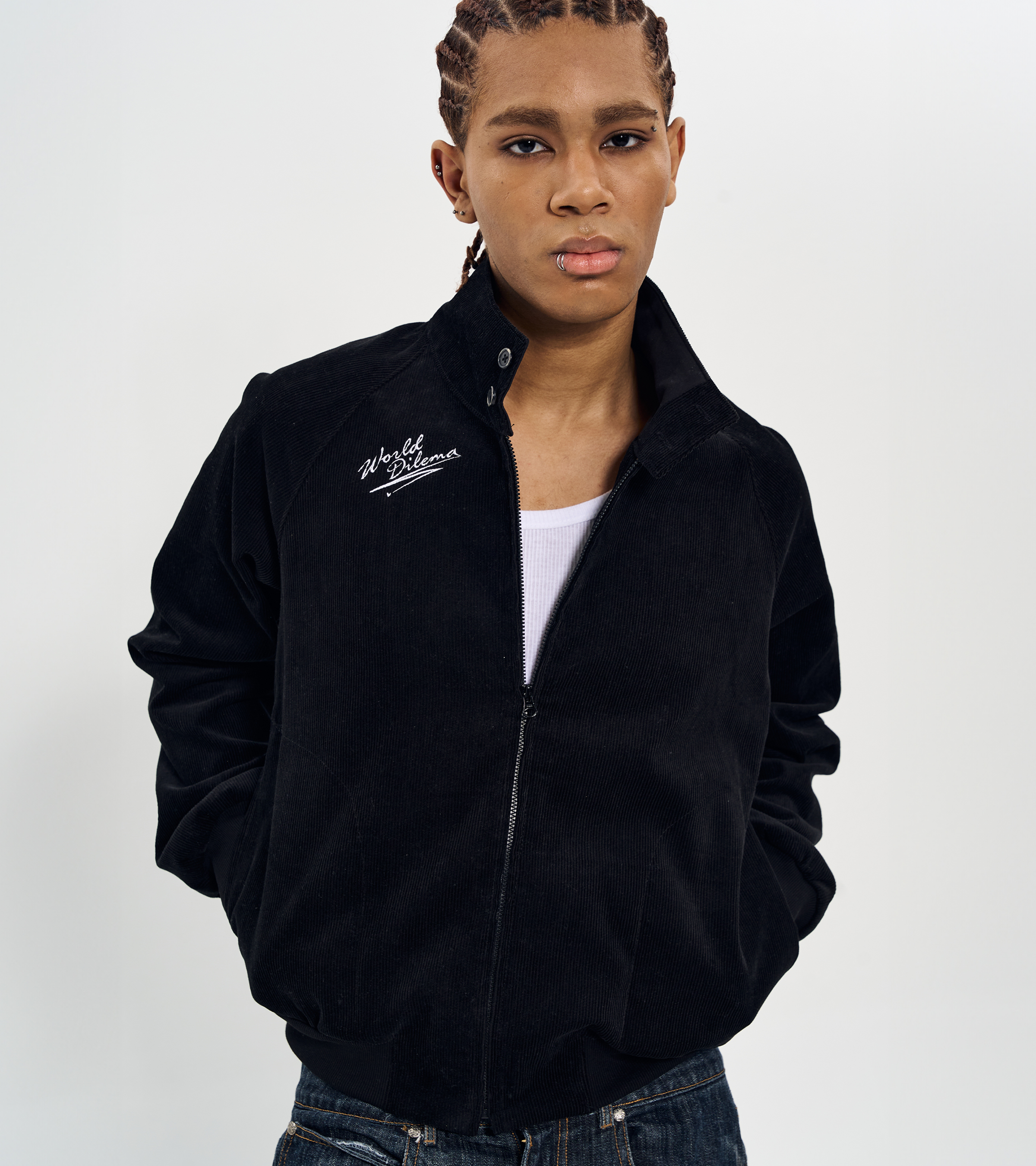 World Dilema' SIGN EMBROIDERY STAND COLLAR ZIP-UP JUMPER-BLACK 2