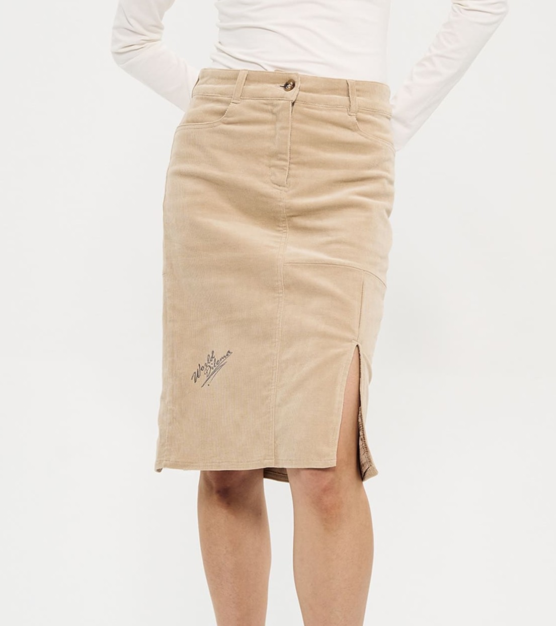 SLIT CORDUROY PENCIL SKIRTS-BEIGE 2