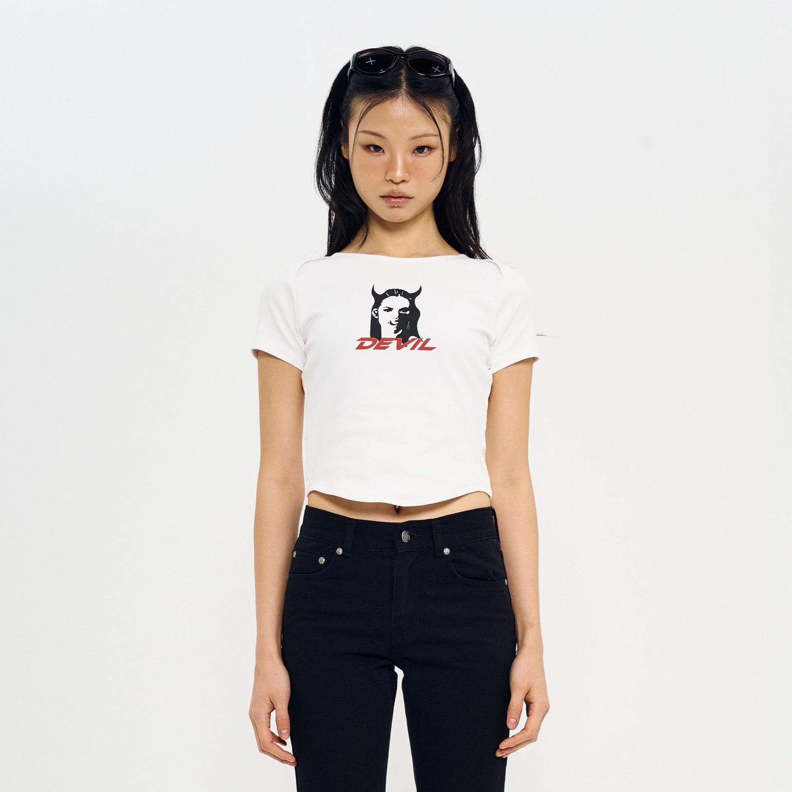 Devil' PRINTING TIGHT HALF T-SHIRTS-WHITE 2