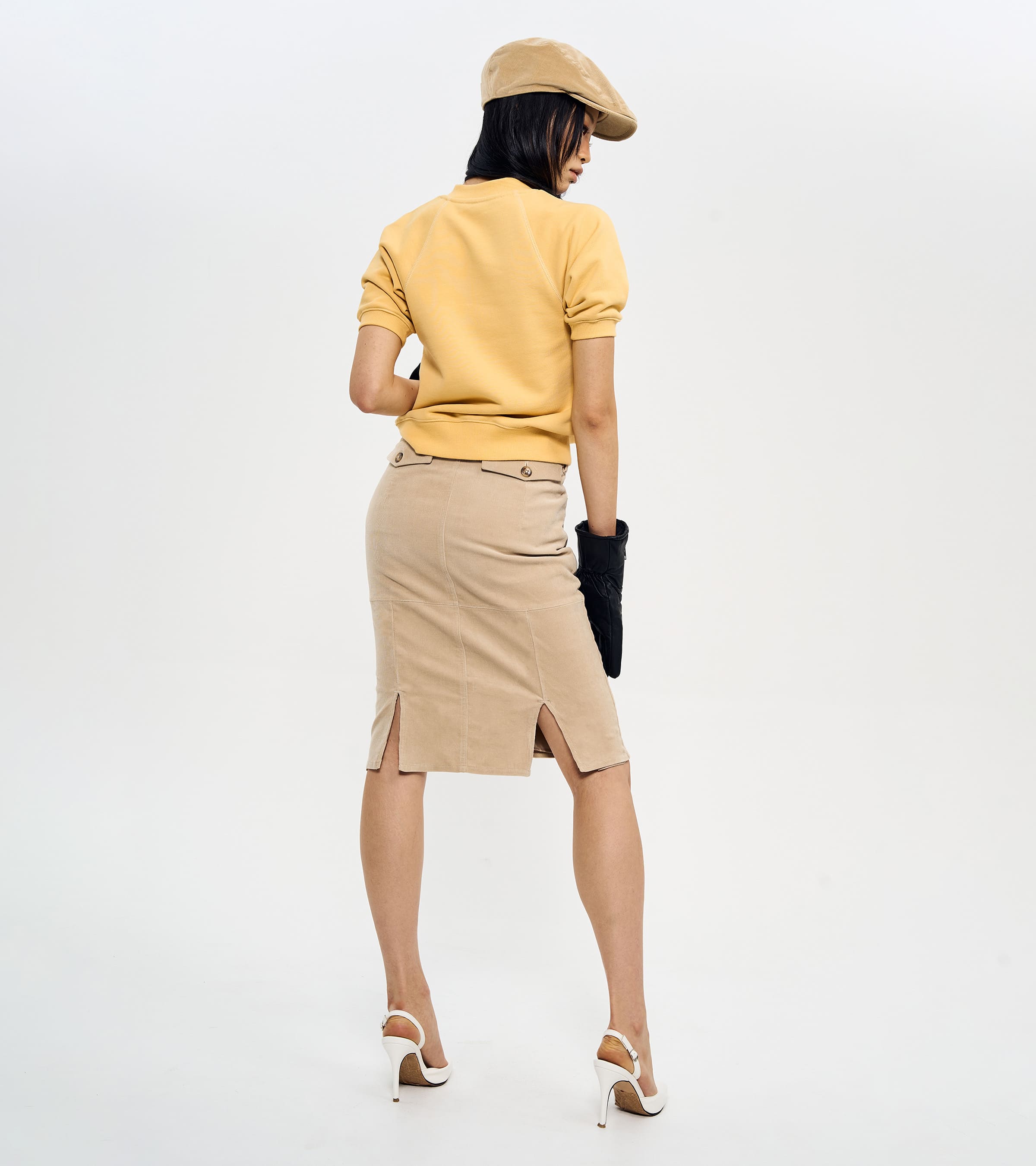 SLIT CORDUROY PENCIL SKIRTS-BEIGE 5