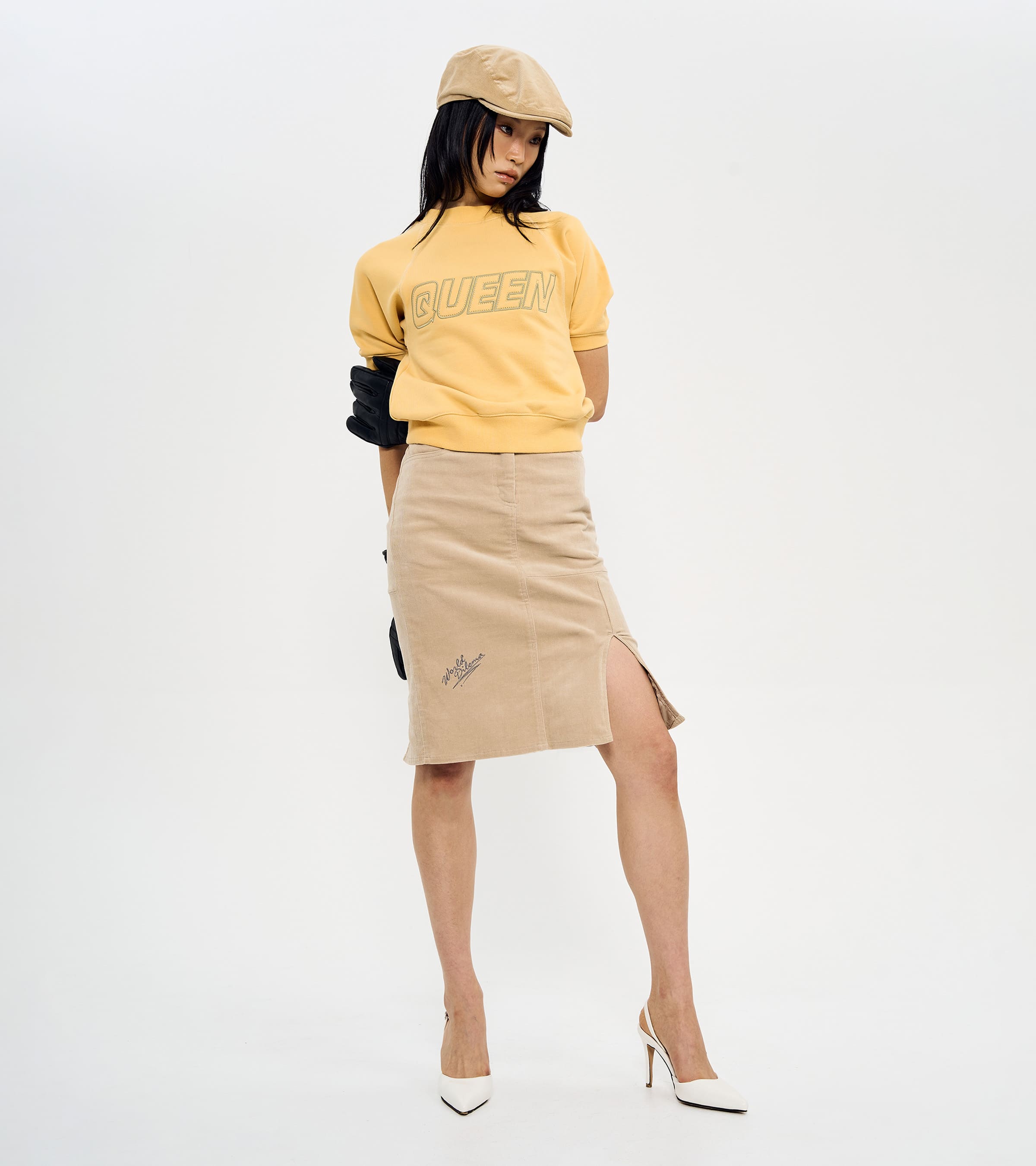 SLIT CORDUROY PENCIL SKIRTS-BEIGE 4