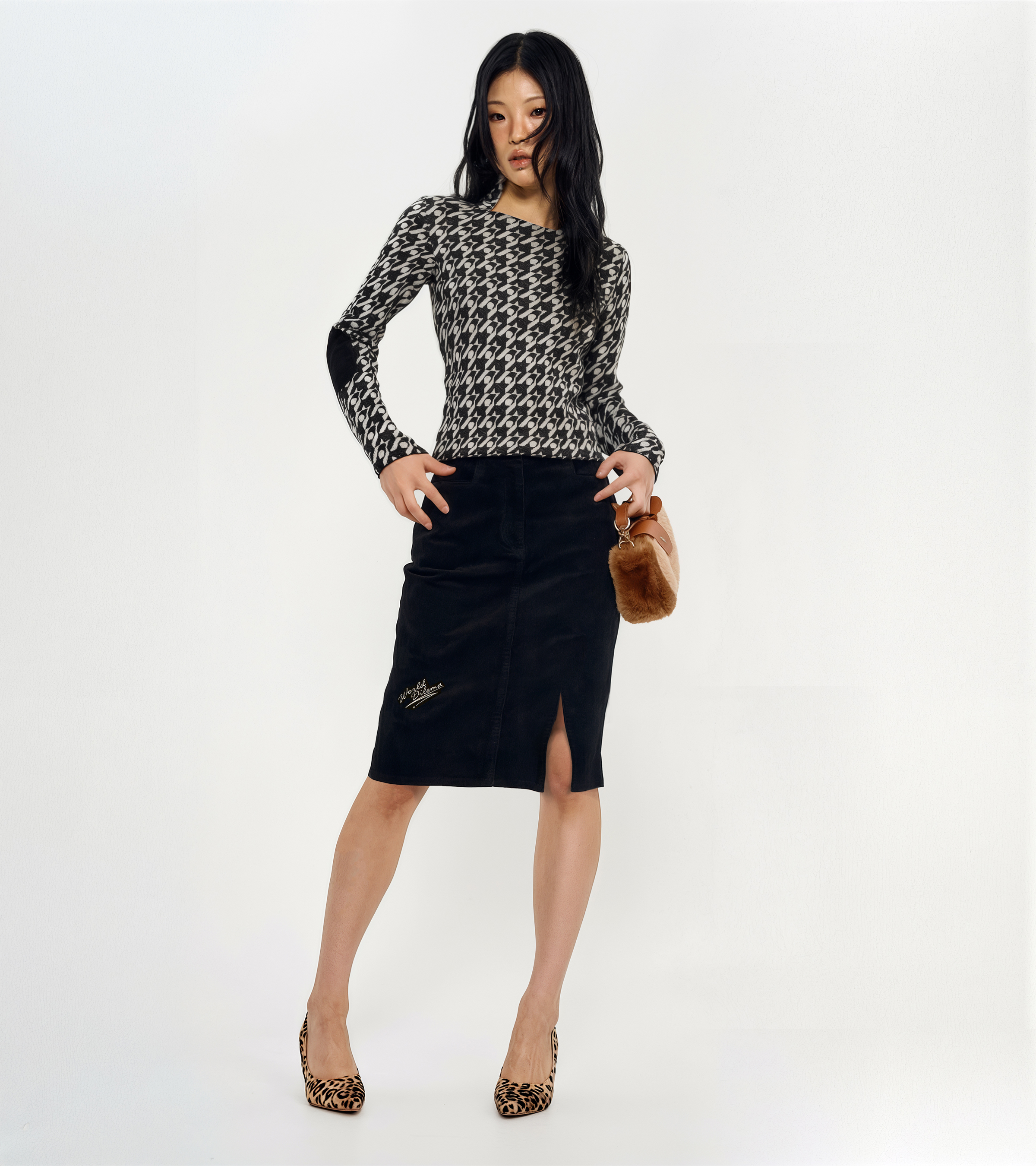 SLIT CORDUROY PENCIL SKIRTS-BLACK 2
