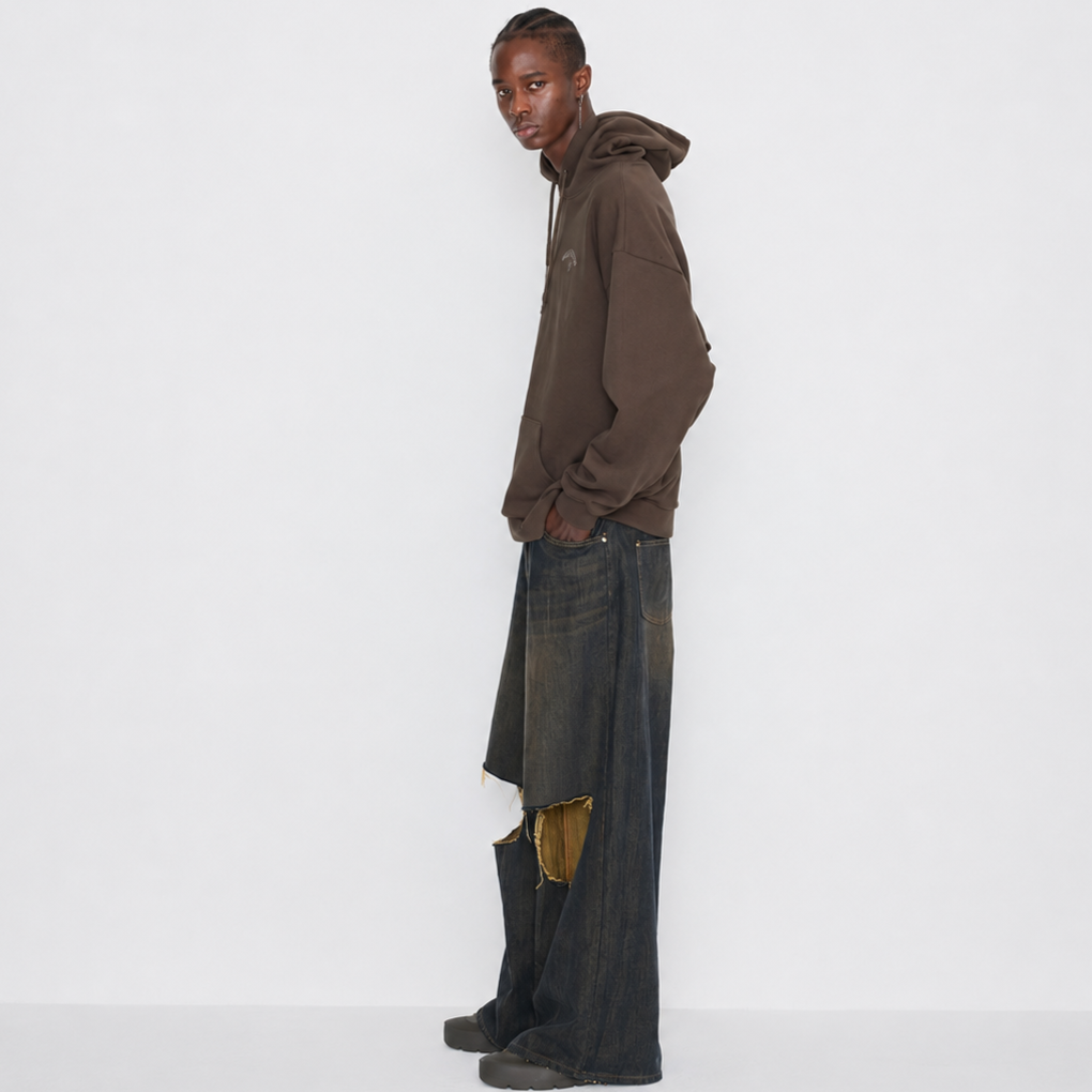 DESTROYED KNEE WIDE DENIM PANTS-DIRTY BLUE & MUSTARD 3