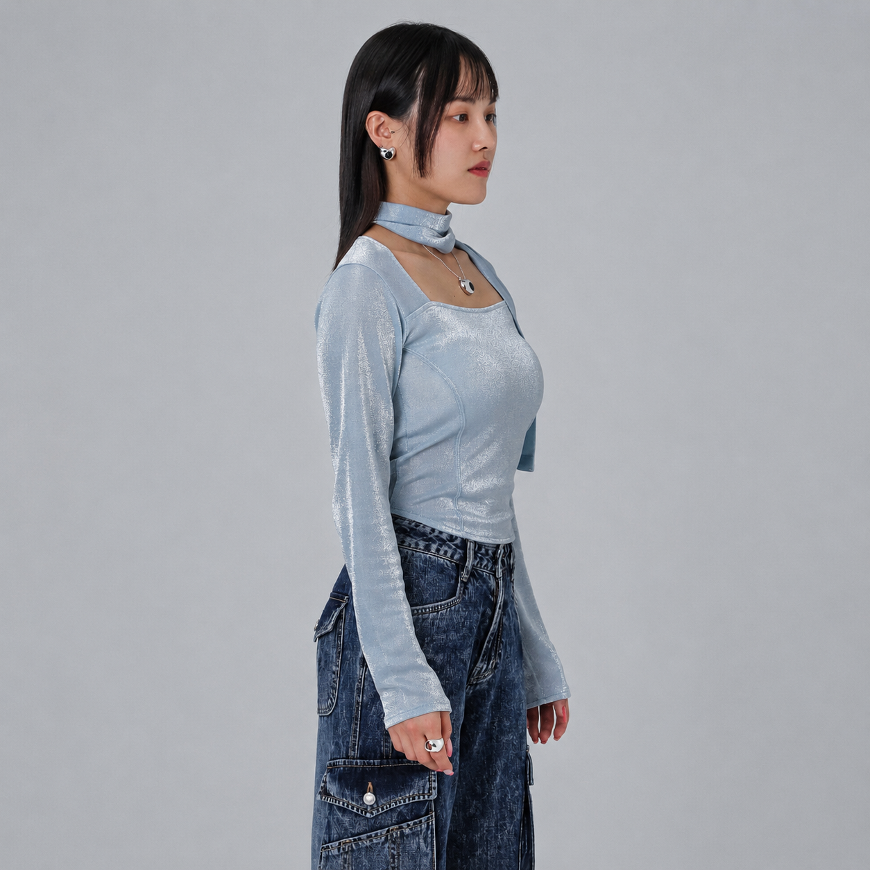 METAL SQUARE NECK T-SHIRTS-SKY BLUE 4