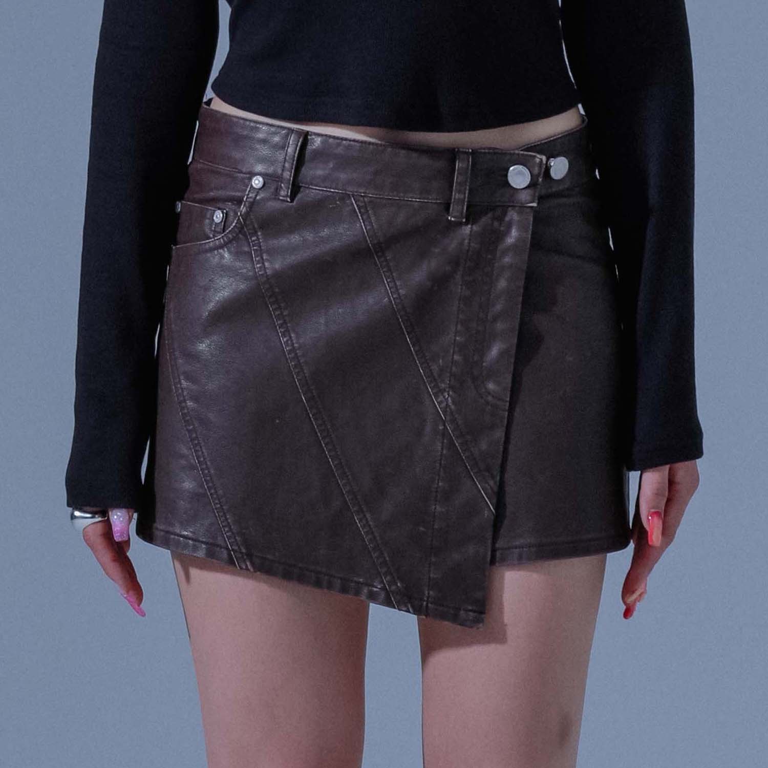 PIGMENT VINTAGE VEGAN LEATHER SKIRT-BROWN 5