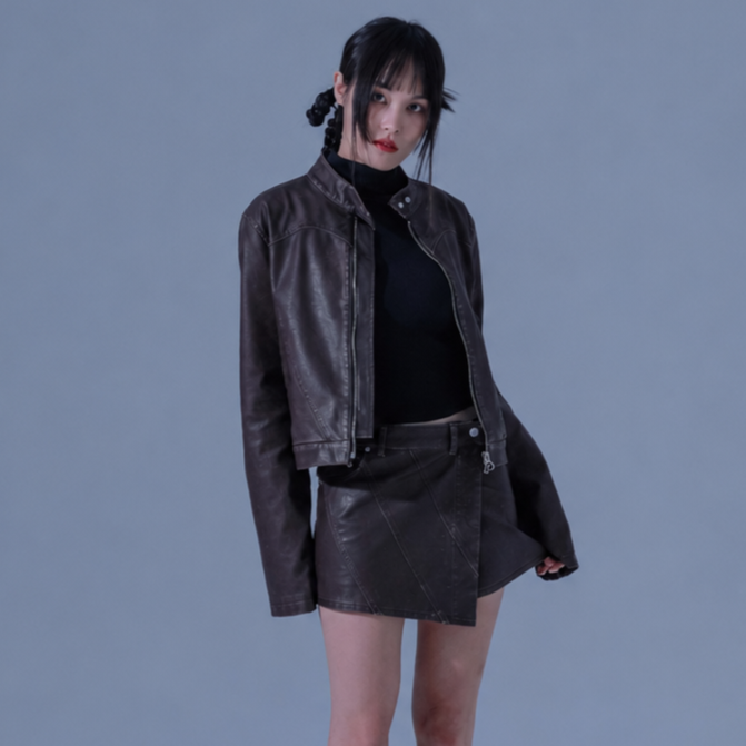 PIGMENT VINTAGE VEGAN LEATHER SKIRT-BROWN 2