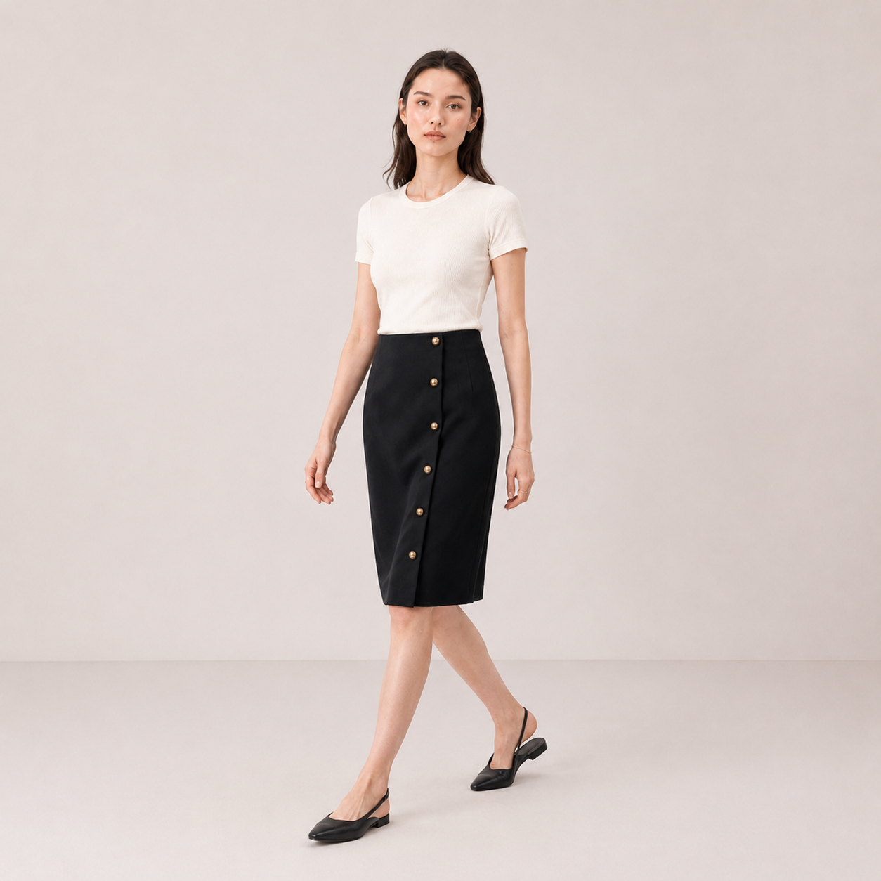Side Button Midi Skirt-Black 3