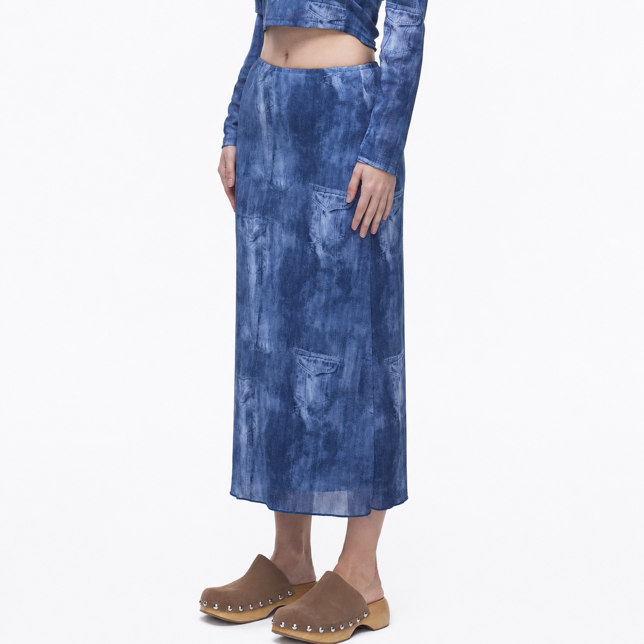 Denim Print Mesh Skirts-BLUE 5