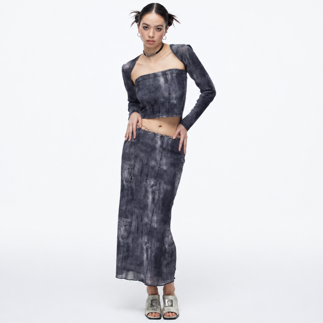 Denim Print Mesh Skirts-BLACK 2