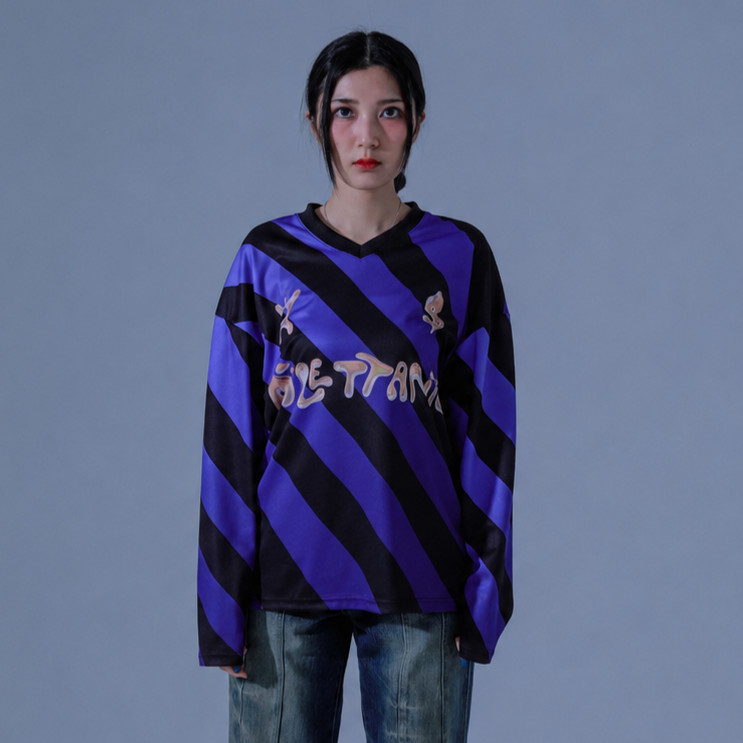 Stripe Football Jersey T-Shirts-BLUE 2
