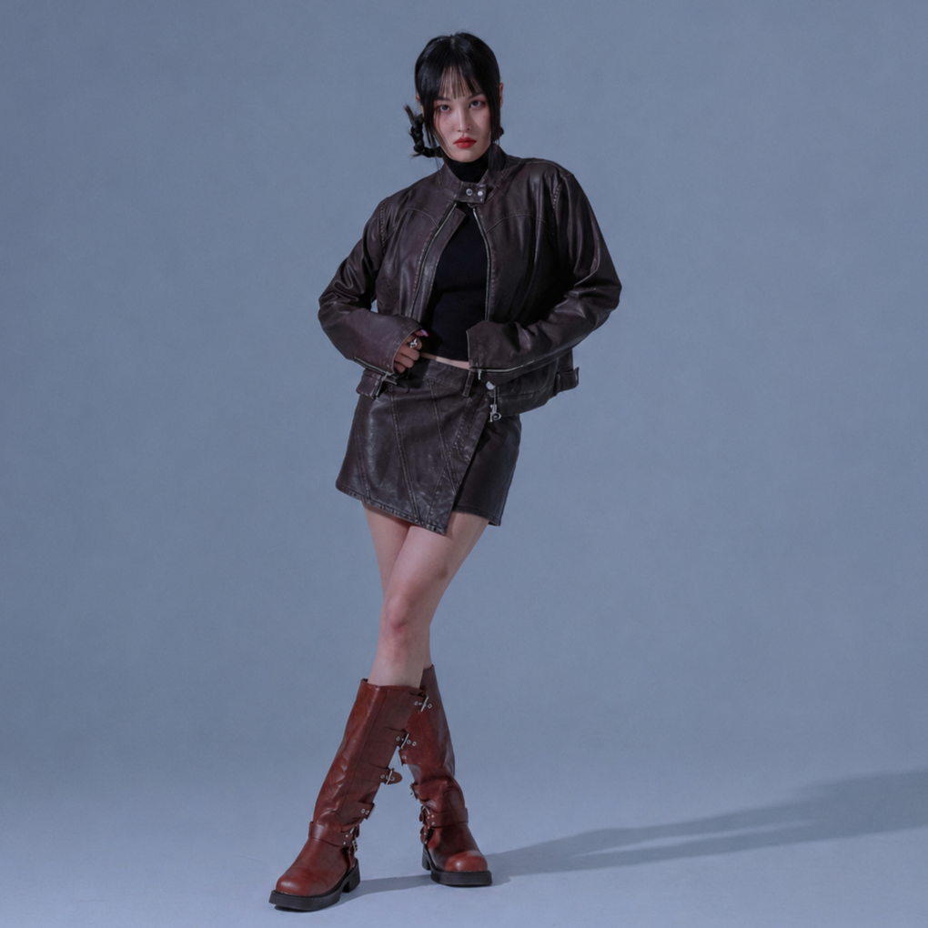 PIGMENT VINTAGE VEGAN LEATHER SKIRT-BROWN 3