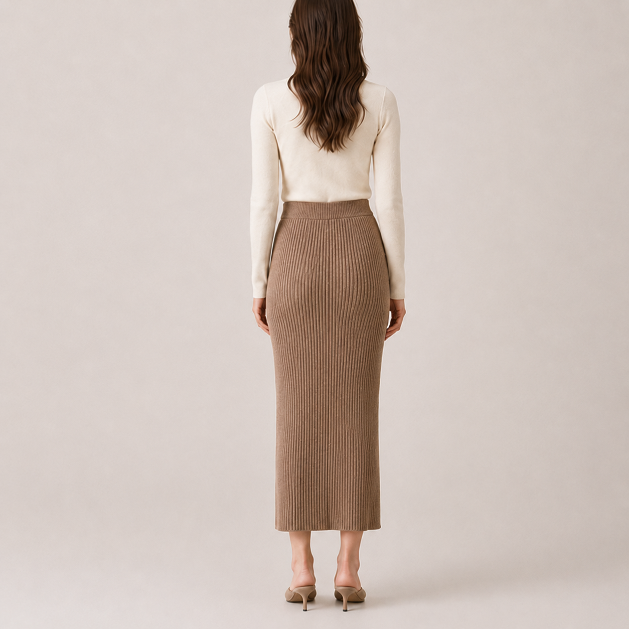 Front Slit Knit Skirt-BEIGE 3