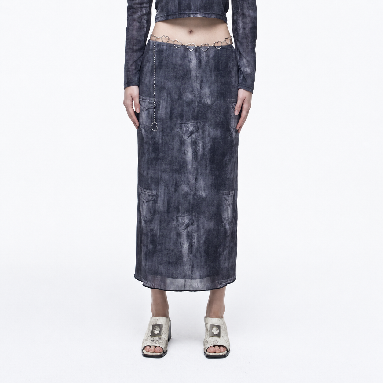 Denim Print Mesh Skirts-BLACK 4